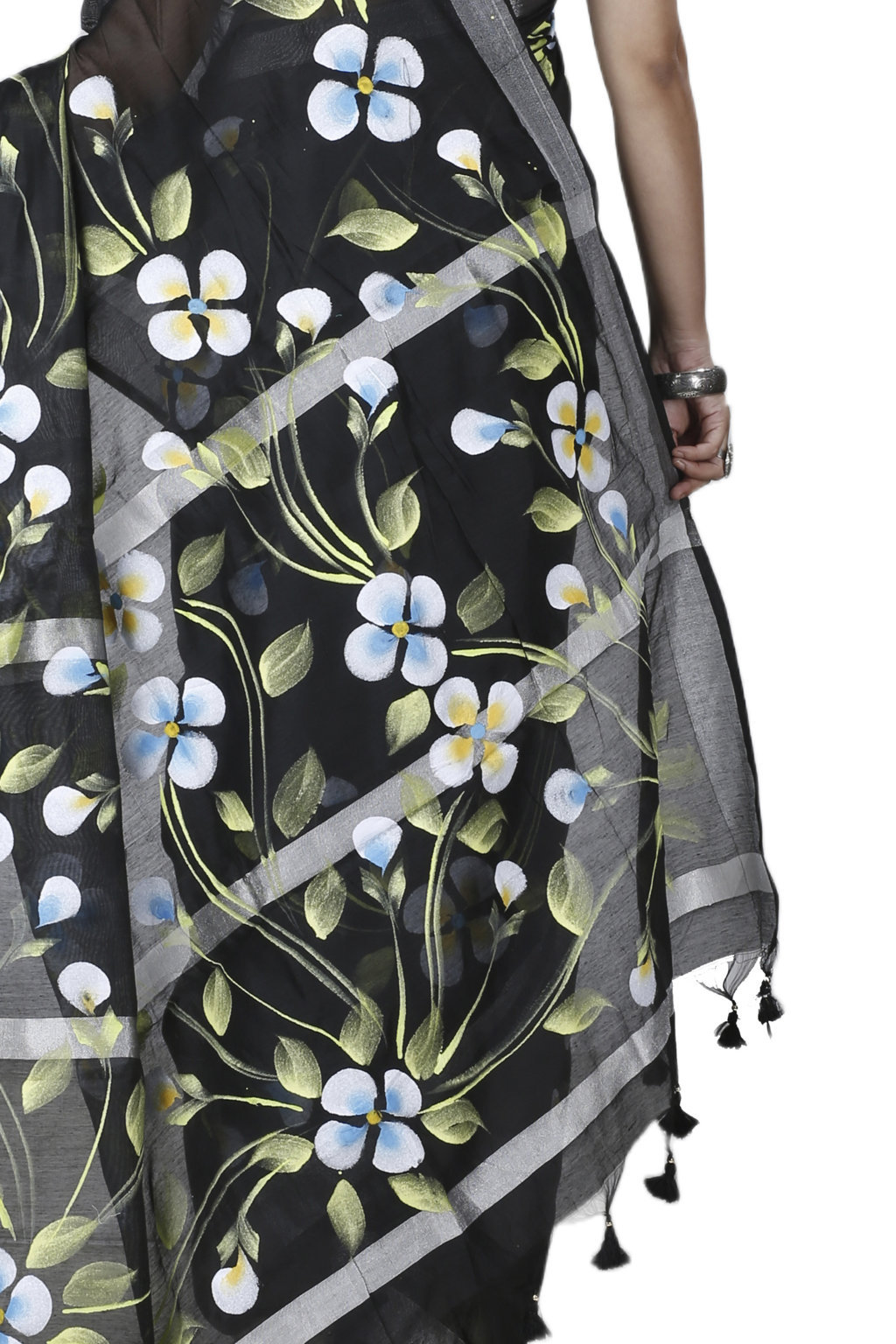 Black Blended Cotton Tonika Hand Painted Saree (1217)